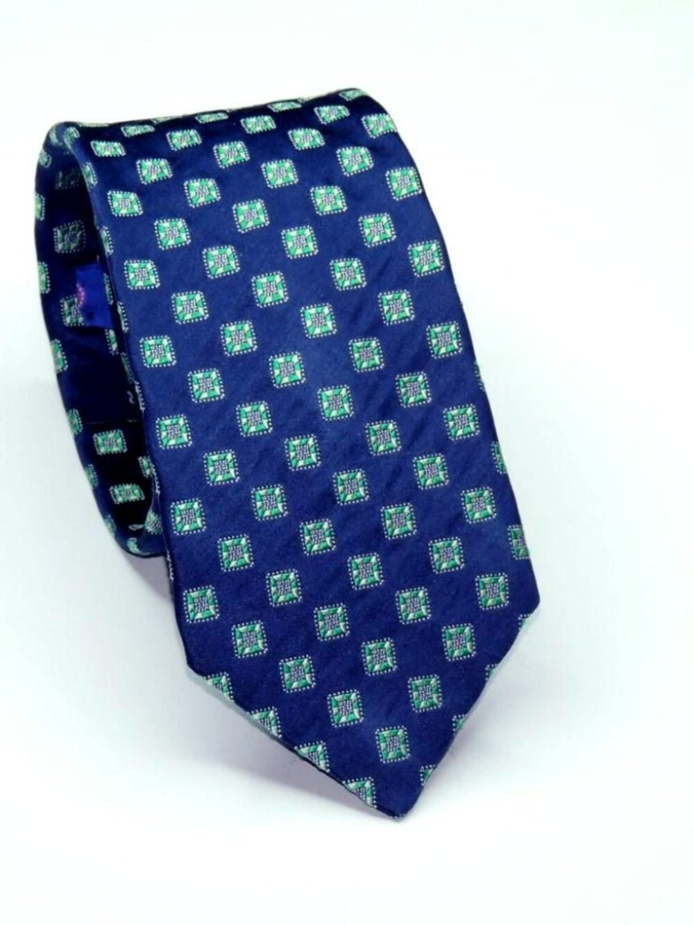 TED BAKER London Navy Blue W/Green Motifs Men's Tie 59 X 3" Woven Excellent